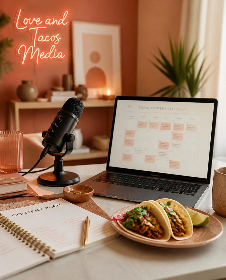 Warm studio desk with a podcast microphone, content calendar, and tacos